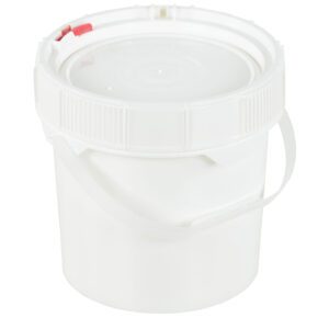 The Vestil Screw Top Pail & Lid-White 3.5 Gallon bucket offers versatile storage and transport for liquids and solids. It features a secure sealed lid, convenient handle, plain cylindrical form, and a red tab for easy access.