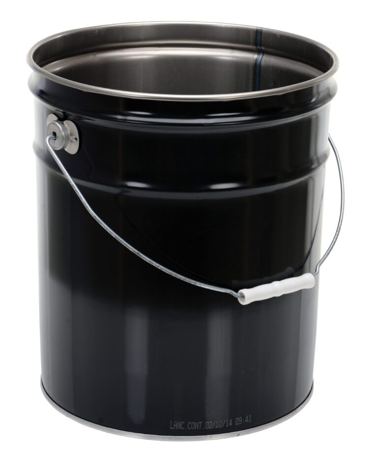 The Vestil Black Open Head Steel Pail 5 Gallon features a shiny black exterior, sleek silver interior, and is equipped with a sturdy metal handle with a comfortable white plastic grip, all set against a crisp white background.