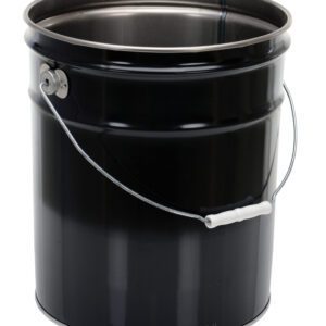 The Vestil Black Open Head Steel Pail 5 Gallon features a shiny black exterior, sleek silver interior, and is equipped with a sturdy metal handle with a comfortable white plastic grip, all set against a crisp white background.