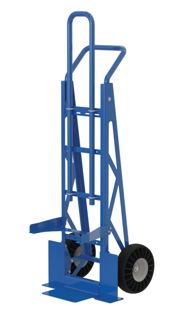 The Vestil Pail Hand Truck 500 Lb Capacity features a sturdy metal frame, two black wheels, a tall handle, and a foldable toe plate. It supports up to 500 lbs and is designed for easy maneuvering and storage, making it ideal for transporting heavy items with ease.
