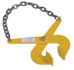 The Vestil Single Scissor Pallet Puller 5K 7 In Jaw is designed with a yellow lifting clamp featuring large curved jaws and teeth, secured by a bolt, and an attached chain for gripping and lifting cylindrical objects like pipes.