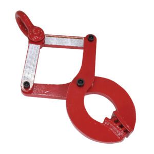 This red metal lifting clamp resembles the Vestil Single Scissor Pallet Puller 6K 5 In Jaw, featuring a hook and loop design with a round grip and rectangular handle. It includes secure bolts and labels for safely lifting heavy objects.