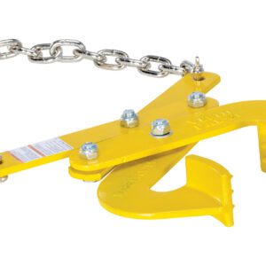 The Vestil Double Scissor Pallet Puller 5K 4 In Jaw is essential for lifting and securing loads in industrial and construction settings, featuring a yellow steel hook and chain, bolts, and a textured grip for reliability.