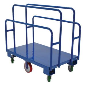 The sturdy blue Vestil Vertical Panel Cart 2K Lb 47.5 X 30.25 features multiple vertical bars and vibrant wheels—a red front wheel and green rear wheels—ideal for efficiently transporting large, flat objects like panels or boards.