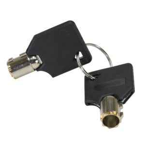 A silver keyring holds two square-headed Vestil Replacement Keys with black plastic grips. The keys have cylindrical, slightly tapered metal parts with a gold-tone finish at the ends.