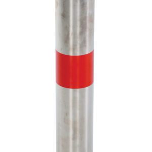 A Vestil Fold-Down Bollard Stainless 4 1/4 In Dia, featuring two red reflective bands near the top, is mounted on a yellow base with four exposed bolts. Nearby, several loose bolts and a key rest on the white background.