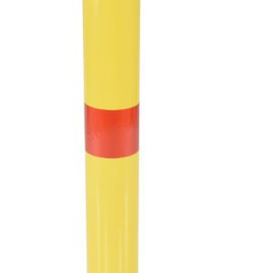 A yellow Vestil Fixed Height Bollard with two red reflective bands near the top and bottom stands on a round base. It measures 4 1/4 inches in diameter, with three bolts nearby, ready for installation.