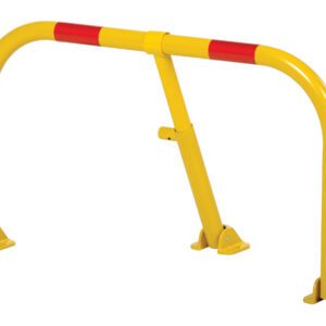 The Vestil Heavy Duty Parking Hoop Yellow has curved bars with red reflective stripes and mounts securely on three base plates, offering a dependable safety barrier.