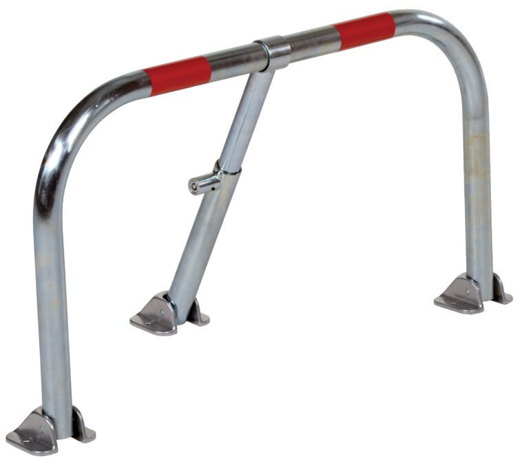 PARK-P-38-ZN_A.jpg The Vestil Heavy Duty Parking Hoop Galvanized is a foldable metal barrier with a silver finish and red reflective stripes, featuring a robust central lock and curved legs that attach securely to the base for stability, ideal for parking areas.