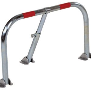 The Vestil Heavy Duty Parking Hoop Galvanized is a foldable metal barrier with a silver finish and red reflective stripes, featuring a robust central lock and curved legs that attach securely to the base for stability, ideal for parking areas.