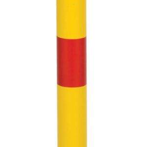 A yellow Vestil Fixed Height Bollard 2 1/2 In Dia with two red horizontal stripes stands on a round base, featuring a loop at the top for lifting or securing, providing stability and durability for various uses.