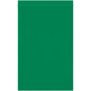 A MH-USA 6 x 9 - 2 Mil Green Reclosable Poly Bag, from a bulk set of 1000 per case, is centered on a white background, highlighting its vibrant green design with the seal at the top.