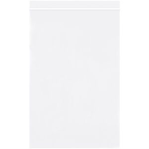 The MH-USA 6 x 9 - 2 Mil White Reclosable Poly Bag is shown vertically, highlighting its zip-lock top. Available in cases of 1000, its ideal for various storage needs.