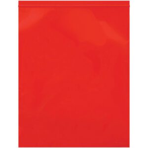 A vibrant red MH-USA 12 x 15 - 2 Mil opaque plastic bag with a resealable top is displayed against a neutral background, highlighting the quality of these reclosable poly bags that are available in cases of 1000.