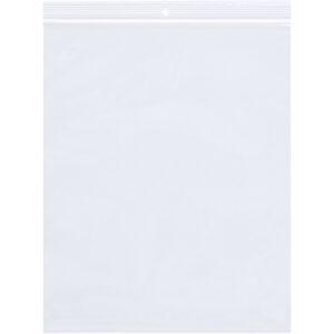 A see-through MH-USA 6 x 9 - 4 Mil poly bag features a zip closure and top hang hole. Sold as a pack of 1000, these flat, empty bags on a white background offer versatile storage solutions.