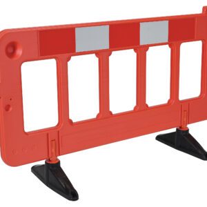 The Vestil Plastic Barrier 23 X 79 X 40 inches in orange boasts a grid design with four rectangular openings, two reflective white rectangles on top, and includes two black detachable bases for stability.