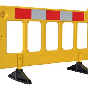 The Vestil Plastic Barrier, 23 x 79 x 40, shines in bright yellow with a gray/red reflective strip at the top. It stands on two black bases and has three open rectangular sections for improved visibility.