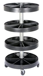 The Vestil Portable Parts Bin 220 Lb 19.5 X 19.5 is a compact, vertical four-tier black trolley with circular trays on metal supports and small wheels for easy mobility, capable of holding up to 220 lbs.