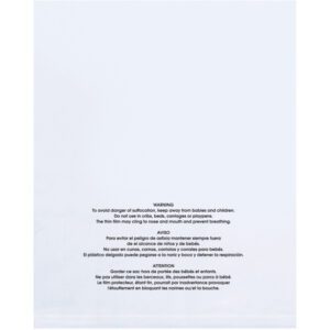 The MH-USA 15 x 18 - 2 Mil (100 Pack) Flat Poly Bags feature safety warnings in English, Spanish, and French. They caution that the thin film could block airways and should be kept away from babies and children to prevent suffocation.