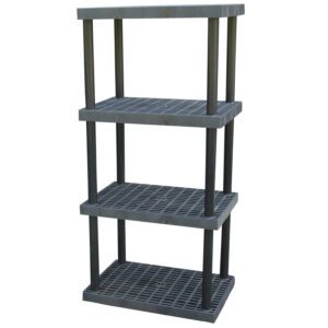 The Vestil Plastic Bulk Shelf&Storage 36X24 4 Shelf is a sleek black unit with grid-patterned shelves and sturdy posts. Ideal for organization, its freestanding design and evenly spaced shelves maximize storage against a minimal backdrop.