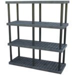 The Vestil Plastic Bulk Shelf&Storage 66X24 4 Shelf unit, with its sleek black design, features a four-tier grid on each shelf. Ideal for organizing, this shelving solution stands elegantly upright against a blank backdrop.