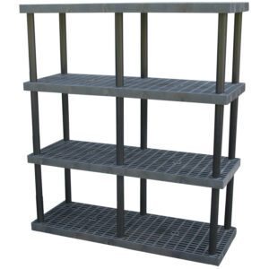 The Vestil Plastic Bulk Shelf&Storage 66X24 4 Shelf unit, with its sleek black design, features a four-tier grid on each shelf. Ideal for organizing, this shelving solution stands elegantly upright against a blank backdrop.