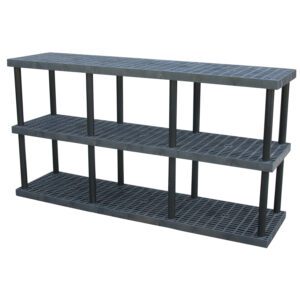 The Vestil Plastic Bulk Shelf&Storage 96x24 3 Shelf is a sleek black unit with a grid pattern on its shelves, supported by sturdy vertical columns, perfect for storage and organization.