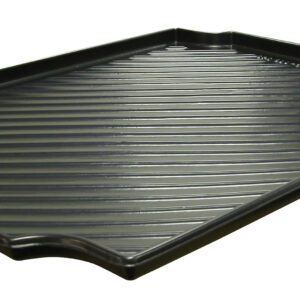 The Vestil General Storage Black is a ribbed, rectangular baking sheet with raised edges and a slight lip on one side, set against a white background.