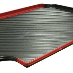 The Vestil Flammables Red tray, with its black and red ribbed design and raised edges, includes a grooved corner for spill capture or liquid drainage.