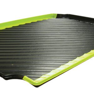 Showcasing the Vestil Reactives/Oxidizers Yellow, this black rectangular ribbed tray features a raised green edge on two sides and a slightly angled design, perfect for draining or serving, adding elegance to your setup.