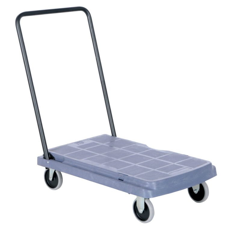 The Vestil Platform Truck Standard Fold Down Hand includes a gray dolly with a black metal handle, four wheels, and a textured rectangular base for heavy items. It features fixed front wheels and swivel rear wheels for easy maneuverability.