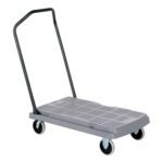 The Vestil Platform Truck Ergo Fold Down Hand is a gray utility cart with a flat base and four wheels, featuring an ergonomic black fold-down handle for easy pushing. Its grid-patterned platform aids in smooth item transport.