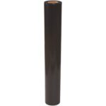 A roll of black plastic wrap stands upright, resembling the MH-USA 46 x 42 x 68 pallet covers (2 Mil, 50/Case) against a plain white background.