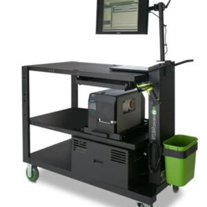 A mobile workstation with shelves on wheels, featuring a mounted monitor, a label printer, and a green trash bin attached to the side. The workstation has a black frame and is designed for industrial or office settings.