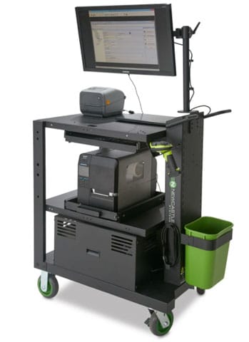 PC510-LI.jpg Mobile workstation with a mounted monitor, a small printer, and green bin on top. A larger printer is on the middle shelf. The cart has wheels and various equipment attached, including a scanner.