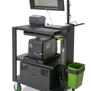 Mobile workstation cart with a mounted monitor displaying software, a compact printer, a handheld scanner, and a small label printer. It has various shelves and a green waste bin attached to the side, with wheels for mobility.