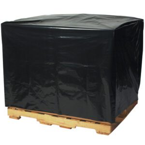 A wooden pallet stacked with boxes is concealed by an MH-USA 48 x 46 x 72 - 3 Mil Black Pallet Cover (50/Case), its shiny surface reflecting light and highlighting the smooth texture, against a plain white background.