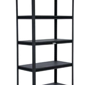 The Vestil Powder Coated Boltless Shelf 36X18X72 is a stylish black metal shelving unit with five open, evenly spaced tiers, ideal for organizing your space with a touch of elegance against its sleek design.