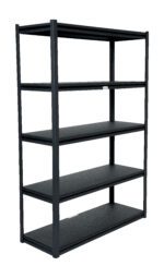 The black Vestil Powder Coated Boltless Shelf 48X18X72, a metal shelving unit with five evenly spaced shelves, stands empty and elegantly against a plain white background.
