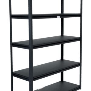 The black Vestil Powder Coated Boltless Shelf 48X18X72, a metal shelving unit with five evenly spaced shelves, stands empty and elegantly against a plain white background.