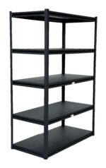 The Vestil Powder Coated Boltless Shelf 48X24X72 features a minimalist metal frame and spacious rectangular shelves in a sleek black finish. As a five-tier unit, it stands upright to showcase ample storage capacity, enhancing any space effortlessly.