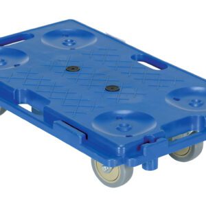 The Vestil Interlocking Plastic Dolly 15.75 x 26.75 comes in blue and offers smooth maneuverability with its four gray wheels. It features circular grooves on top and dual handles for easy handling.