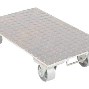 The Vestil Alum Dolly Cast Steel Wheel/Handle 16X27 has a flat diamond-patterned surface and four durable cast steel swivel wheels for moving heavy items, featuring a sturdy rectangular 16x27 platform with a handle for easy use and reliability.