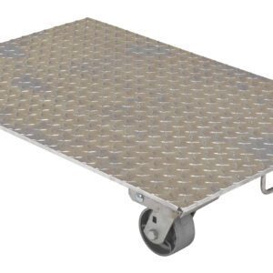 The Vestil Alum Dolly, featuring cast steel wheels and handle, has a metallic platform with a diamond-patterned surface for moving heavy items. It measures 24x36 inches and is displayed against a plain white background.