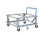 The Little Giant Ergonomic Adjustable Height Mobile Pallet Stand features a blue handle, four caster wheels with brakes, and a rectangular frame with cross-supports for supporting containers or pallets. Set against a white background, it offers adjustable height for versatile use.