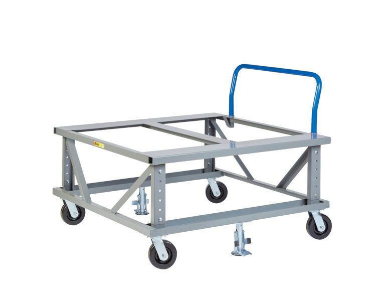 PDEH-48486PH2FL.jpg The Little Giant Ergonomic Adjustable Height Mobile Pallet Stand features a blue handle, four caster wheels with brakes, and a rectangular frame with cross-supports for supporting containers or pallets. Set against a white background, it offers adjustable height for versatile use.