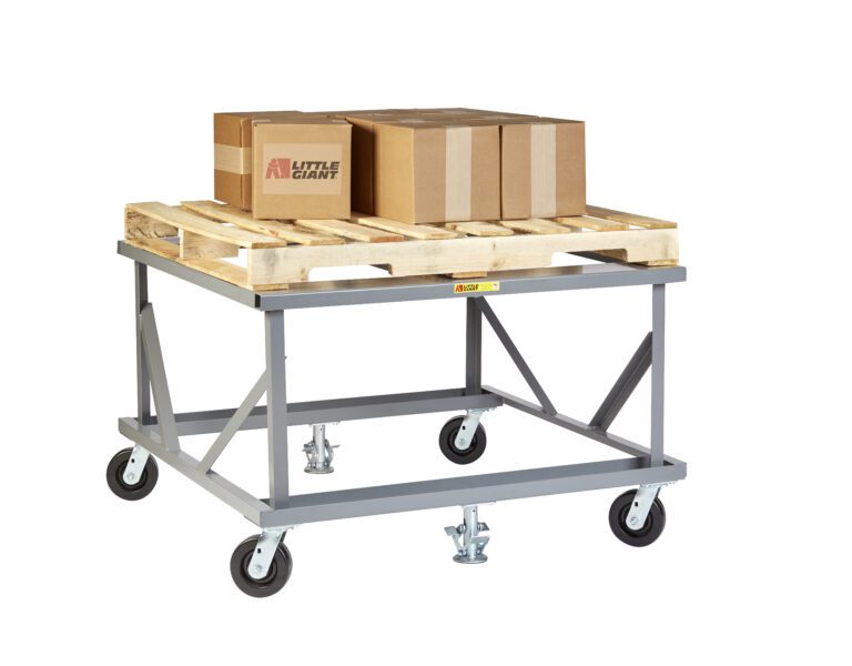 The Little Giant Fixed Height Mobile Pallet Stand easily supports a pallet with four boxes. This metal cart features a sturdy frame and wheels for seamless transport.