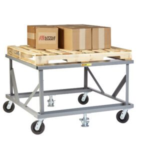 The Little Giant Fixed Height Mobile Pallet Stand easily supports a pallet with four boxes. This metal cart features a sturdy frame and wheels for seamless transport.