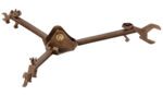 A vintage, bronze trammel gauge with three adjustable arms and diverse fittings at the ends, crafted for scribing circles or arcs, akin to the Vestil Multi-Purpose Drum Lifter Bronze. The central joint includes a secure locking mechanism.