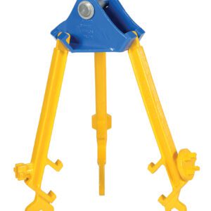 The yellow and blue metal tractor three-point hitch attachment, similar to the robust Vestil 800 Lb Drum Lifter, features heavy-duty construction with adjustable arms and hooks, ideal for attaching various farm implements to tractors.